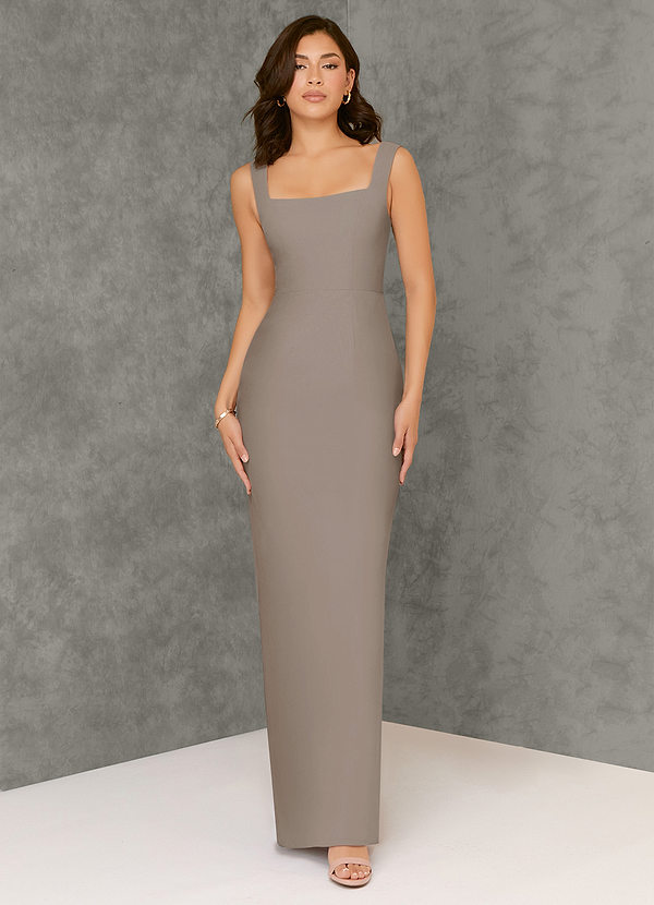 Azazie Flori Bridesmaid Dresses Taupe Sheath Square Neckline Chiffon Dress image1