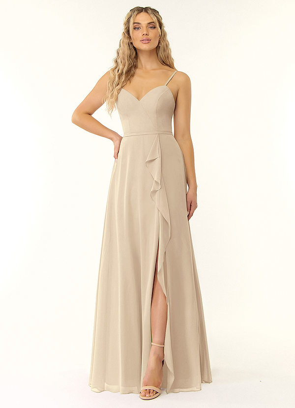 Azazie Naeem Bridesmaid Dresses Champagne A-Line V-Neck Ruffle Chiffon Dress image1