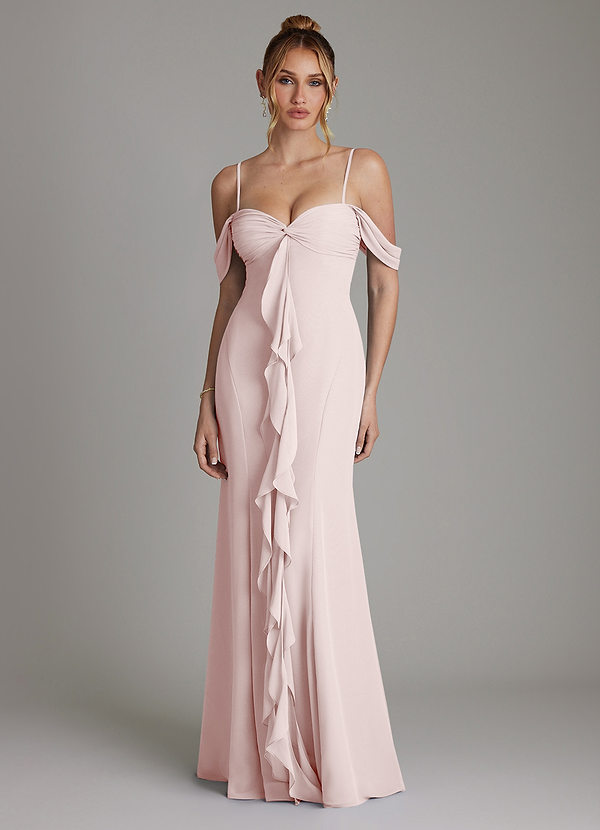 Azazie Karmela Bridesmaid Dresses Blushing Pink A-Line Off the Shoulder Chiffon Dress image1