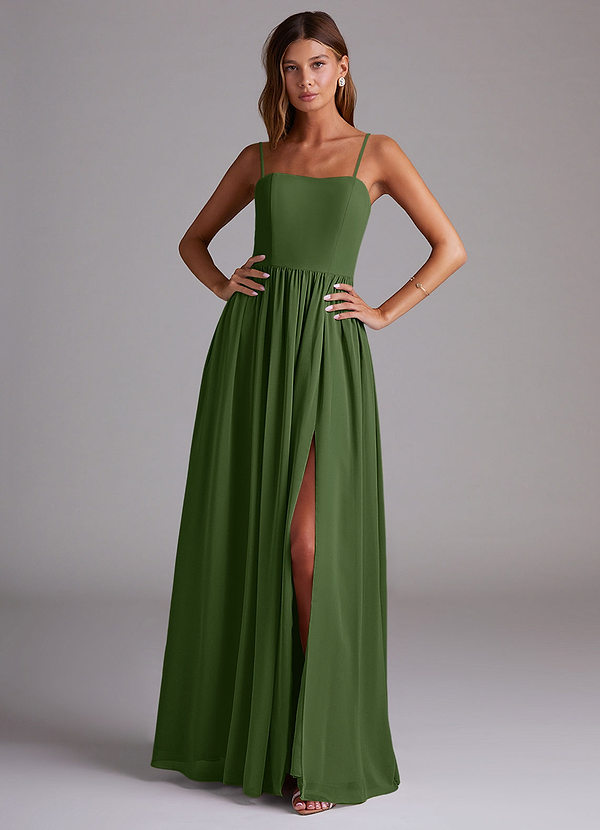 Azazie Calianna Brautjungfernkleider Wandelbar A-Linie Schulterfrei Chiffon Kleid Olivgrün image1