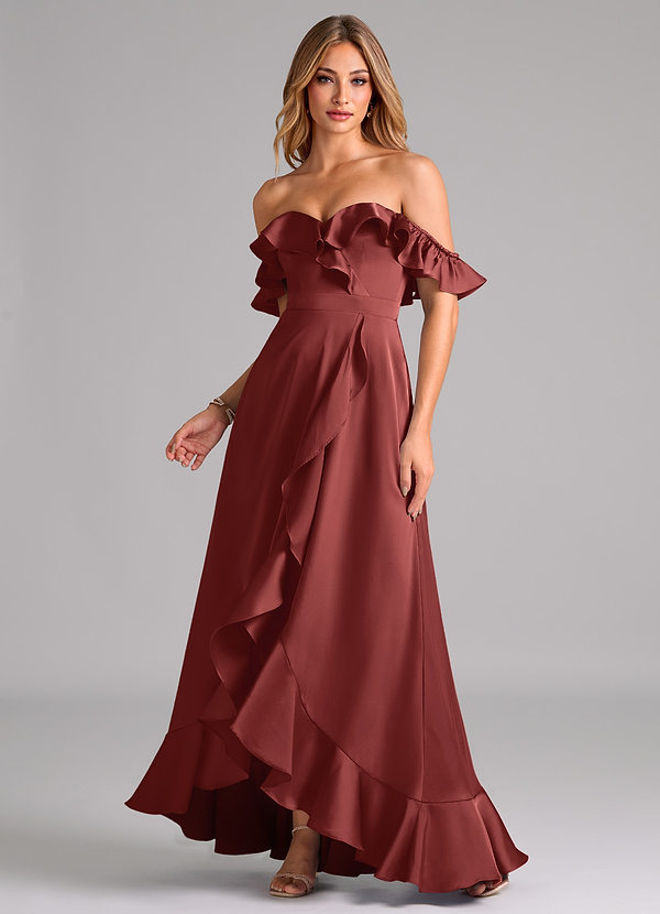 Azazie Lyra Vestidos de dama de honor Vestido Terracota de Satén Elástico de Línea A Convertible con Hombros descubiertos image1
