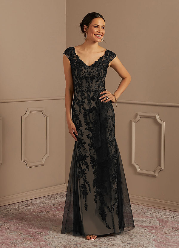 Azazie Melena Mother of the Brides Dresses Black Champagne Mermaid Lace Tulle Dress image1