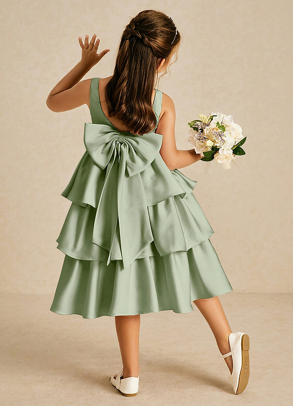Azazie Margery Blumenkinder Kleider A-Linie Schleifen Stretch-Satin Kleid Staubiger Salbeigrün image1