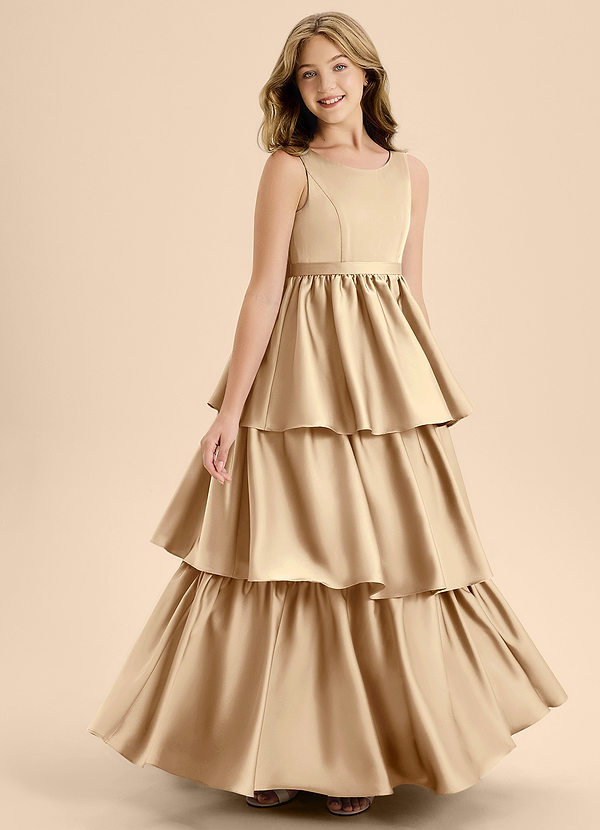 Azazie Meadowyn Junior Abito A-Line in Raso Elasticizzato Fiocco Champagne image1