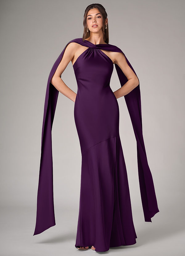 Azazie Kinsley Bridesmaid Dresses Grape Mermaid Side Slit Stretch Satin Dress image1