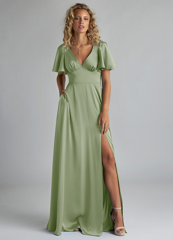 Azazie Kimber Bridesmaid Dresses Dusty Sage A-Line Ruched Stretch Satin Dress image1