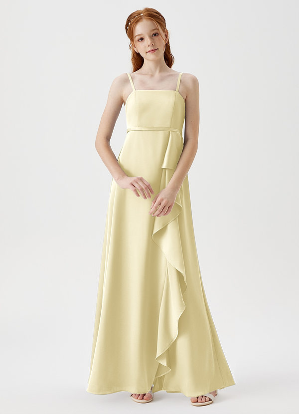 Azazie Kaylee Junior Lemon Sorbet A-Line with Belt Stretch Satin Dress image1