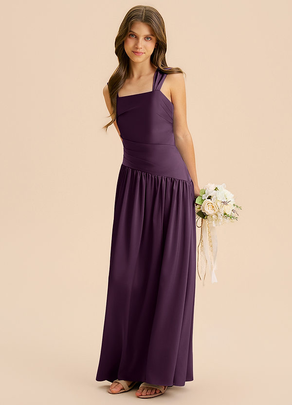 Azazie Dotty Junior A-Linie Plissee Stretch-Satin Kleid Pflaume image1