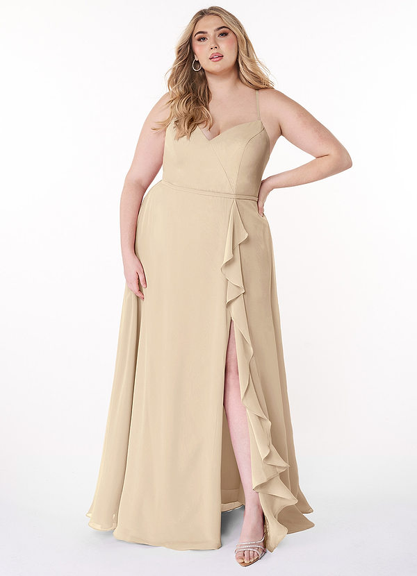 Azazie Naeem Bridesmaid Dresses Champagne A-Line V-Neck Ruffle Chiffon Dress image1