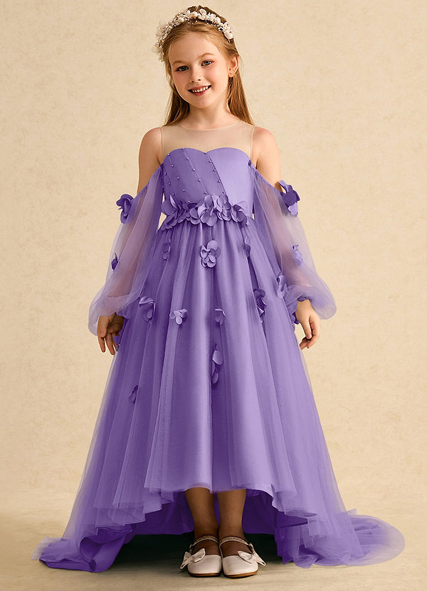 Azazie Karrie Robes de Fillette d'Honneur Robe Trapèze en Tulle avec manches Tahiti image1