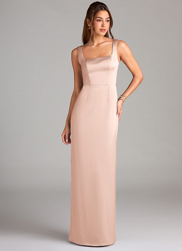 Azazie Flori Bridesmaid Dresses Blushing Pink Sheath Side Slit Stretch Satin Dress image1