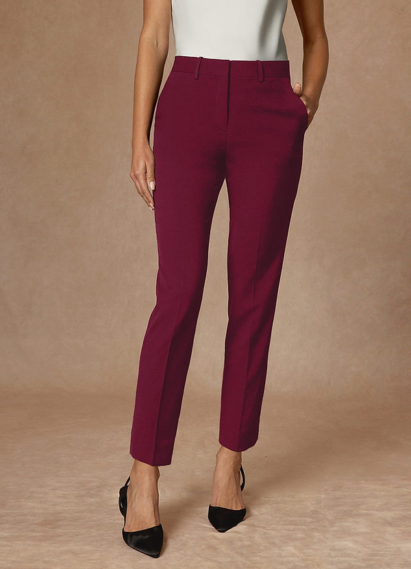 front Whitney Burgundy Structured Stretch Full Length Dress Pants