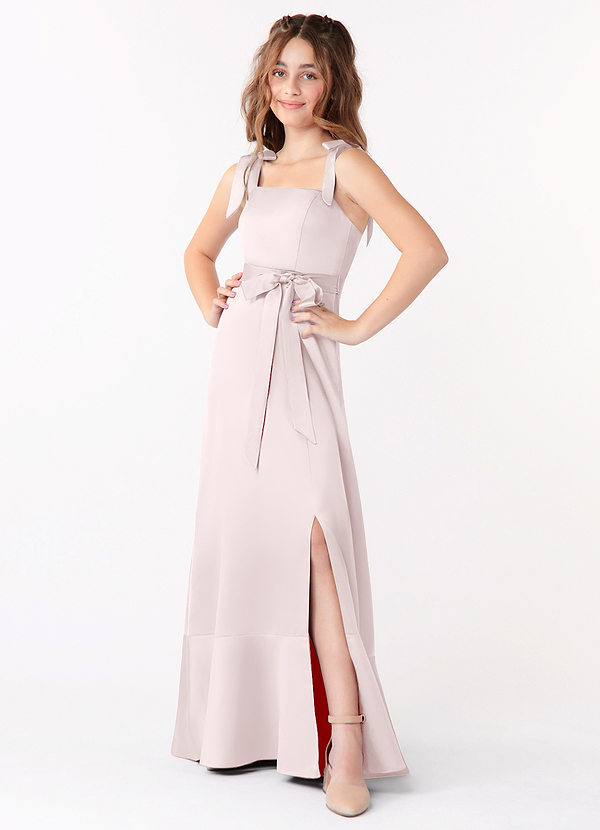 Azazie Barbara Junior Vestido de Rosa Rubor de Satin Mate de Corte En A con Lazo image1