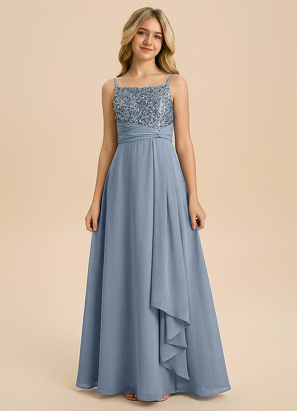 Azazie Sienna Junior Formal Linia A Zroszony Szyfon Długość podłogi Młodsza druhna Sukienka image1