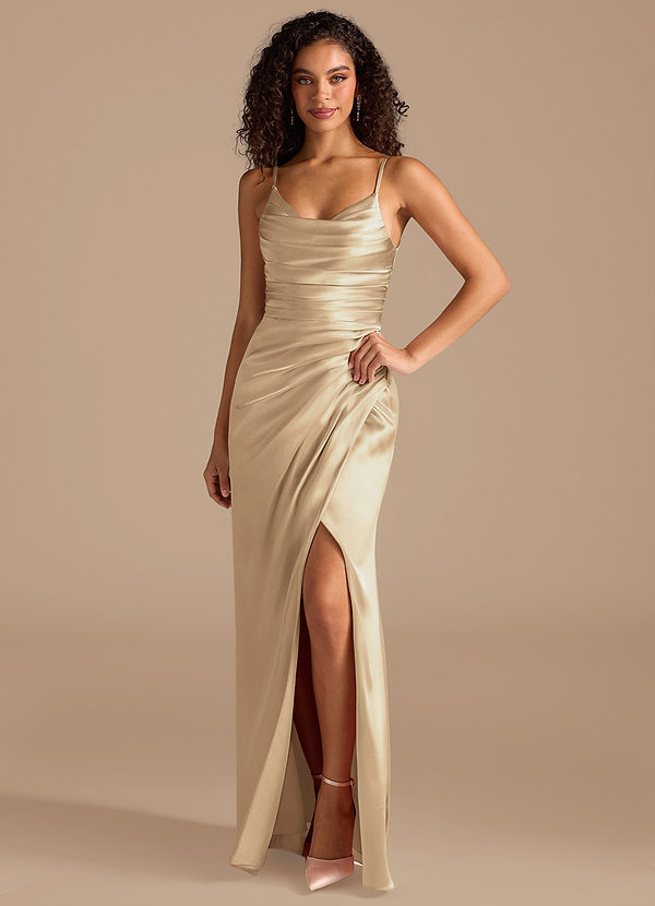 Azazie Deandra 신부 들러리 드레스 인어 주름진 메탈릭 새틴 바닥 길이 드레스 image1