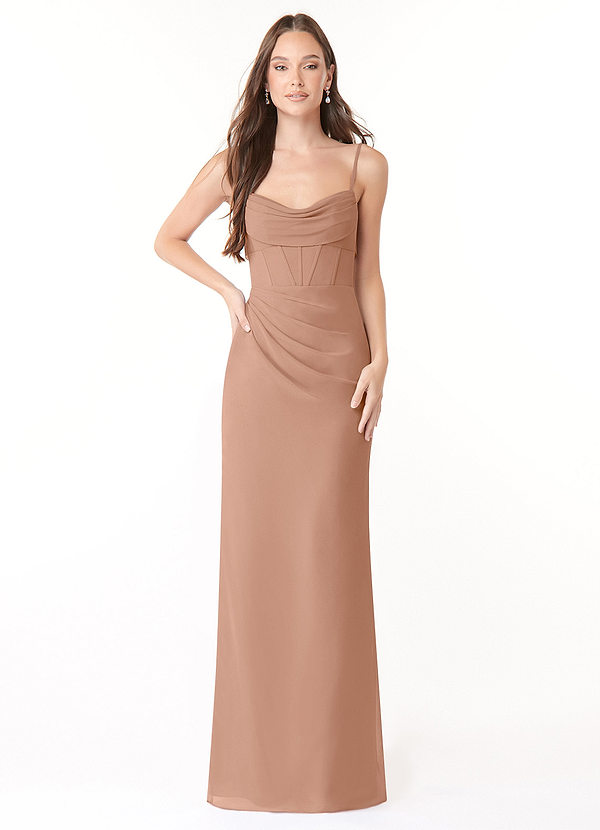 Azazie Mai Bridesmaid Dresses Champagne Rose Sheath Pleated Chiffon Dress image1
