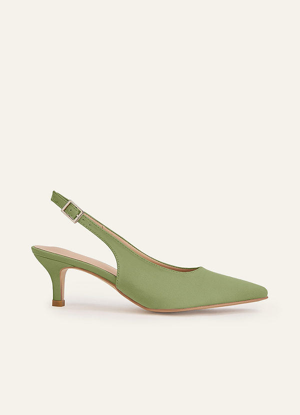 front Matching Color Matte Satin Pointed Toe Slingback Kitten Heel