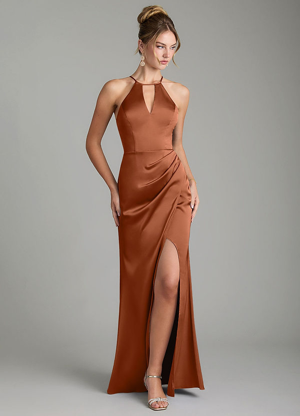 Azazie Aidyn Robes de demoiselle d'honneur Robe Fourreau en Satin extensible Plissée Cuivre image1