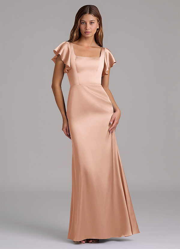 Azazie Elkie 신부 들러리 드레스 인어 스퀘어 네크라인 스트레치 새틴 바닥 길이 드레스 image1