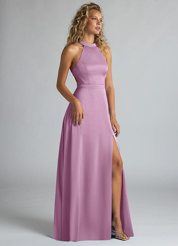 Azazie Clarice Brautjungfernkleider A-Linie Hoher Kragen Stretch-Satin Kleid Blauregen image1