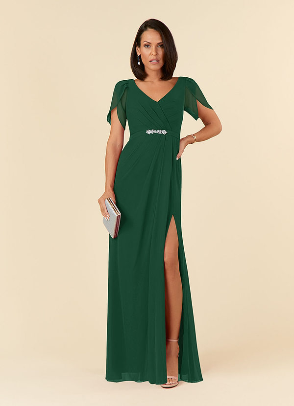 Azazie Marianne Mother of the Brides Dresses Dark Green Sheath V-Neck Pleated Chiffon Dress image1
