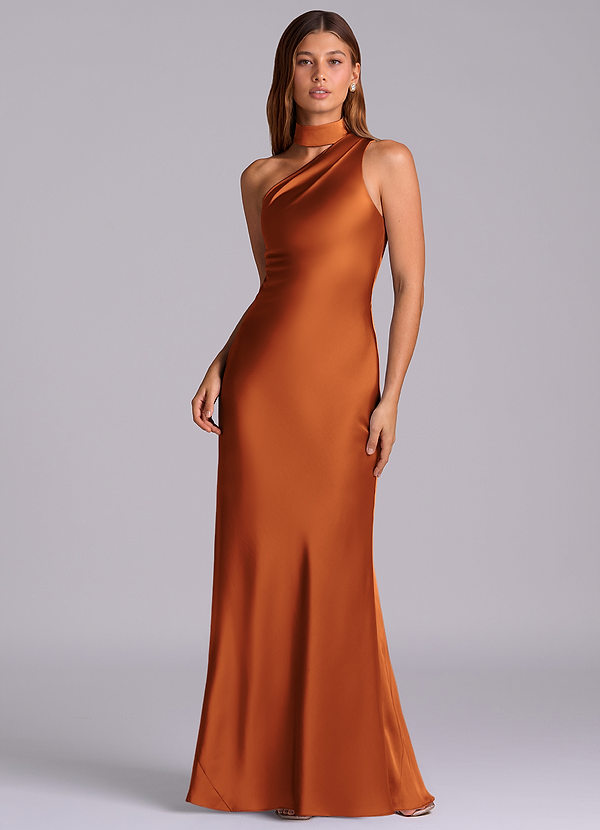 Azazie Seona Robes Demoiselle d'honneur Robe Sirène en Satin extensible Ue épaule Cannelle image1