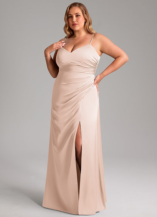 Azazie Azuree Bridesmaid Dresses Blushing Pink A-Line Pleated Stretch Satin Dress image1