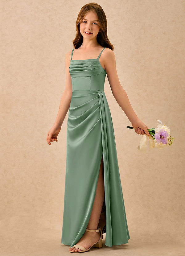Azazie Shyla Girls Formal Sukienki dla dziewczynek sypiących kwiaty Osłona Pofałdowany Satyna elastyczna Długość podłogi Sukienka image1