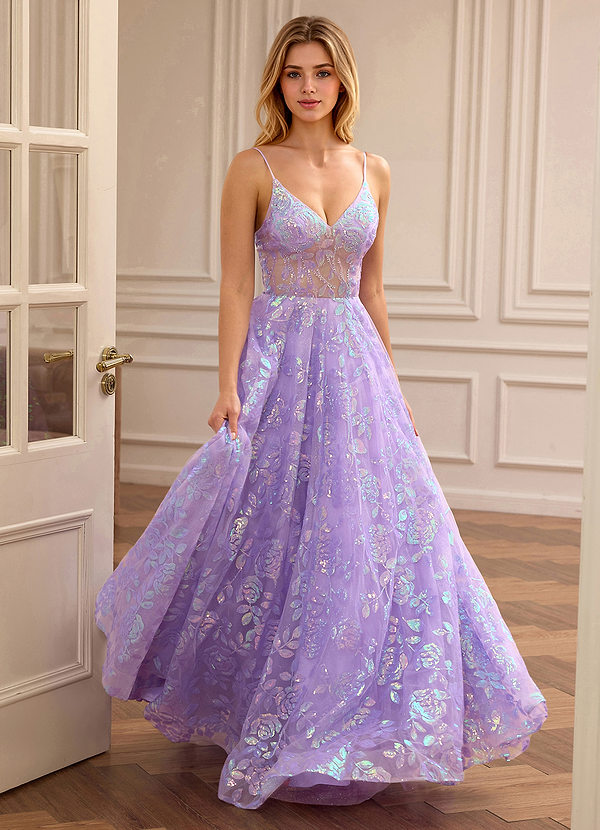 Juliette Lila V-ringad A-linjeformad Paljettbroderad Blommig Balklänning image1