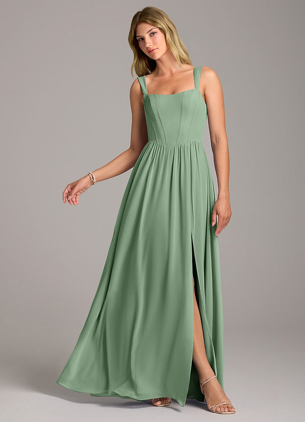 Azazie Rosaline Bridesmaid Dresses Matcha A-Line Side Slit Chiffon Dress image1