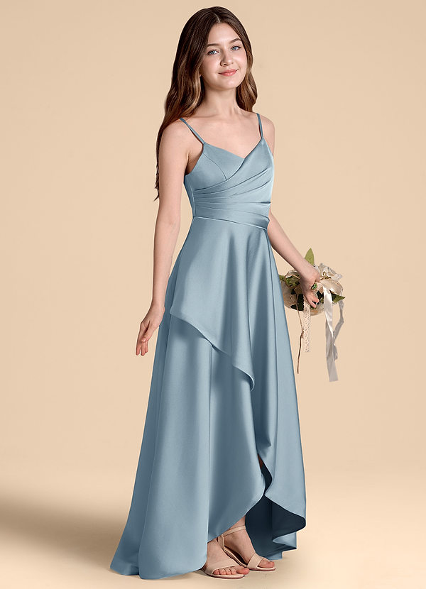 Azazie Prisha Junior Dusty Blue A-Line Pleated Stretch Satin Dress image1