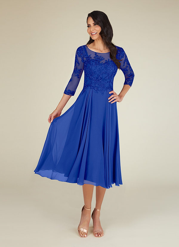 Royal Blue Azazie Marge A-Line Scoop Lace Chiffon Tea-Length Dress | Azazie
