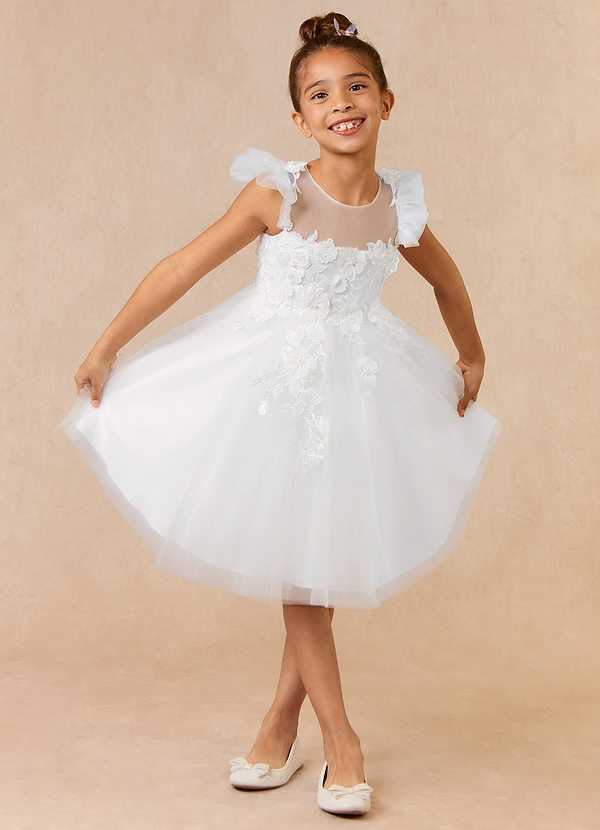 Azazie Corie Flower Girl Dresses Diamond White A-Line Lace Tulle Dress image1