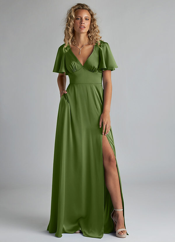 Azazie Kimber Bridesmaid Dresses Juniper A-Line Ruched Stretch Satin Dress image1