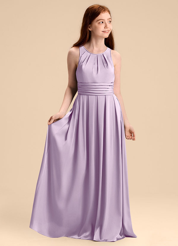 Azazie Bibiane Junior Frosted Lilac A-Line Pleated Stretch Satin Dress image1