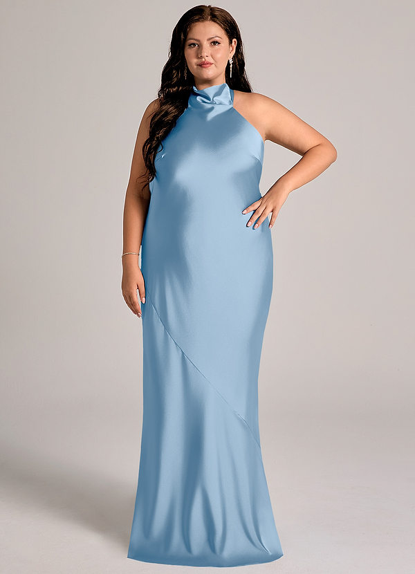Azazie Velli Bridesmaid Dresses Powder Blue Mermaid High Neck Stretch Satin Dress image1