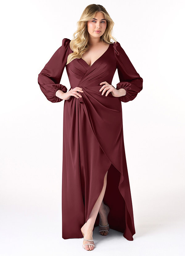 Azazie Mel Bridesmaid Dresses Cabernet Sheath Long Sleeve Stretch Satin Dress image1