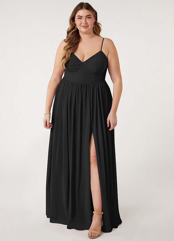 Azazie Zeya Vestidos Dama de Honor Vestido de Negro de Gasa de Corte en A con Cuello en V plisado image1