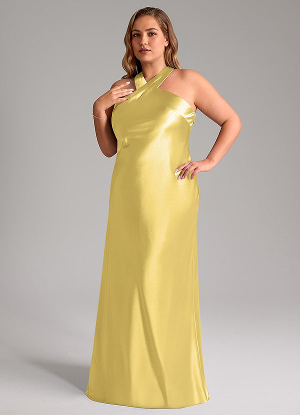 Azazie Doretta Bridesmaid Dresses Canary Mermaid Bow Metallic Satin Dress image1