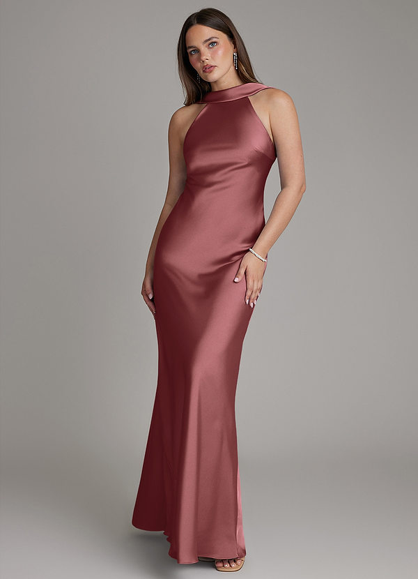 Azazie Dimitra Bridesmaid Dresses Amethyst A-Line Pleated Stretch Satin Dress image1