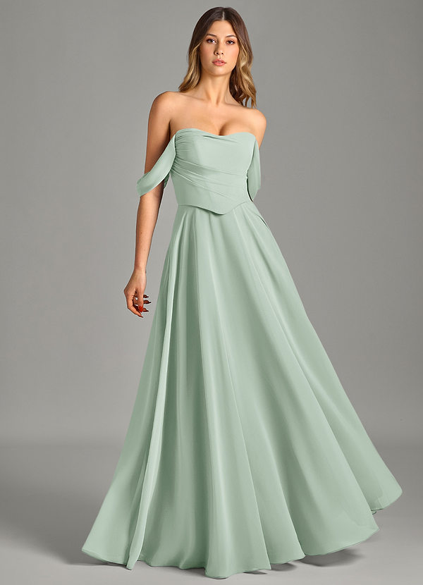 Azazie Chelsey Abiti da Damigella Abito Convertibile A-Line in Chiffon a Spalla Scoperta Agave image1