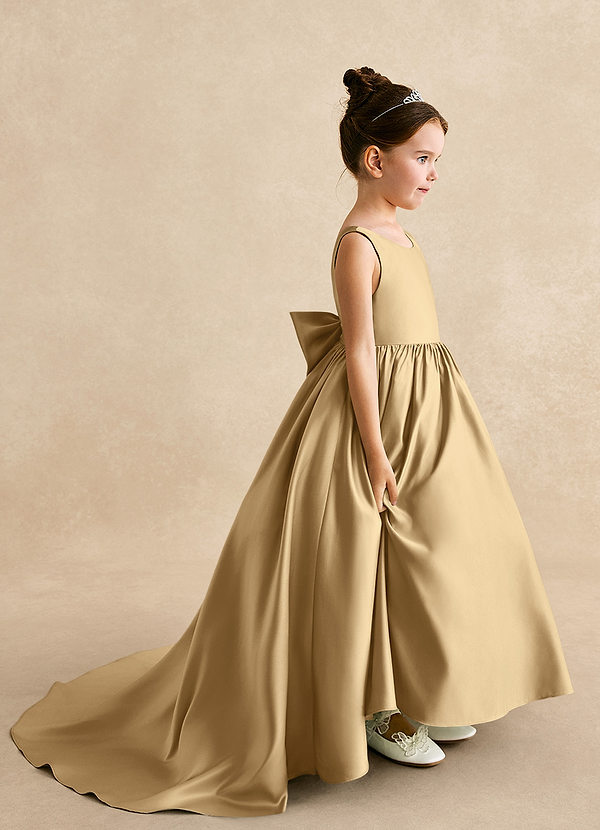 Azazie Mimia Flower Girl Dresses Gold A-Line Bow Matte Satin Dress image1