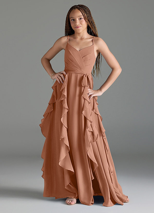 Azazie Peyton Junior Bronzer A-Line V-Neck Cascading Ruffles Chiffon Dress image1