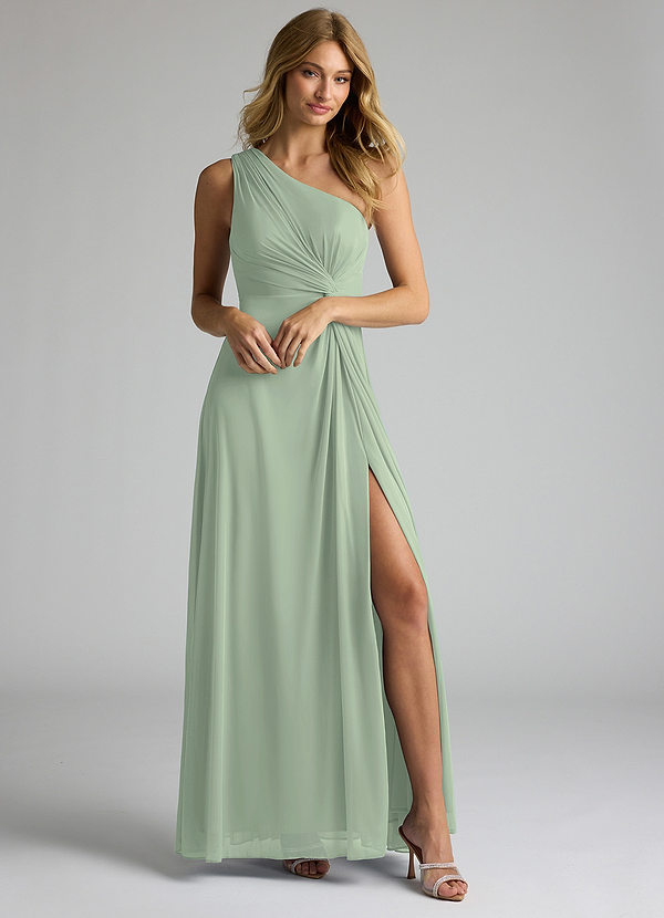 Azazie Brooke Brautjungfernkleider A-Linie One-Shoulder Gittergewebe Kleid Staubiger Salbeigrün image1