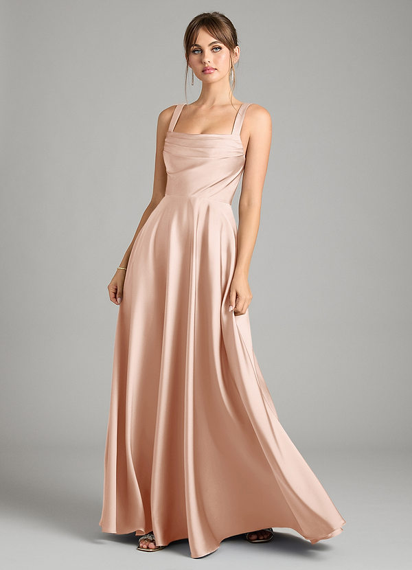 Azazie Shaude Bridesmaid Dresses Rose Gold A-Line Pleated Stretch Satin Dress image1