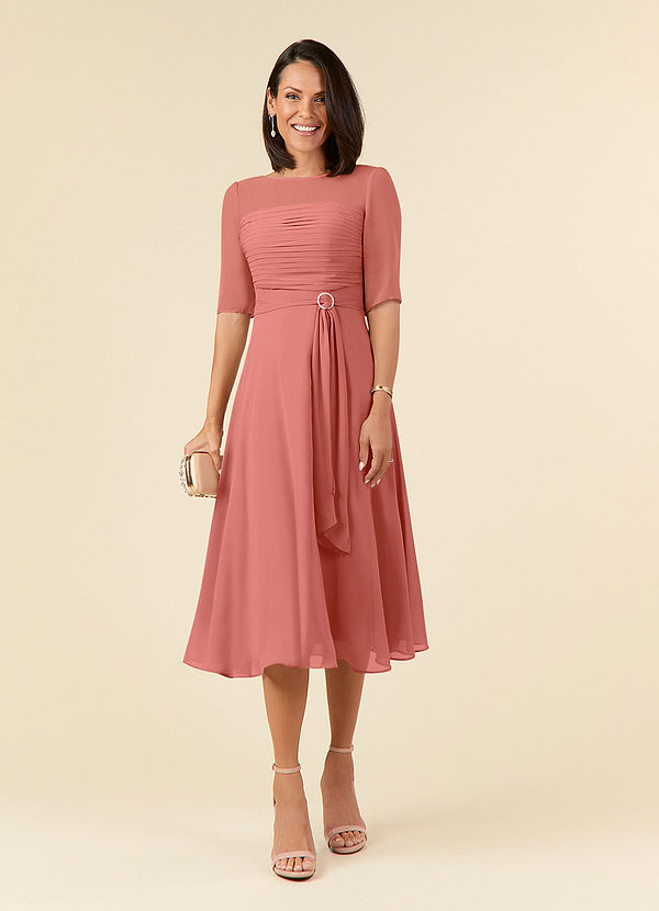 Azazie Naomi Mother of the Brides Dresses Salmon Pink A-Line Boatneck Pleated Chiffon Dress image1