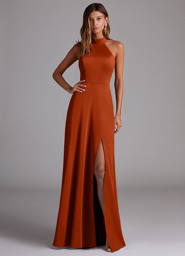 Azazie Myra Bridesmaid Dresses Paprika A-Line Side Slit Stretch Satin Dress image1