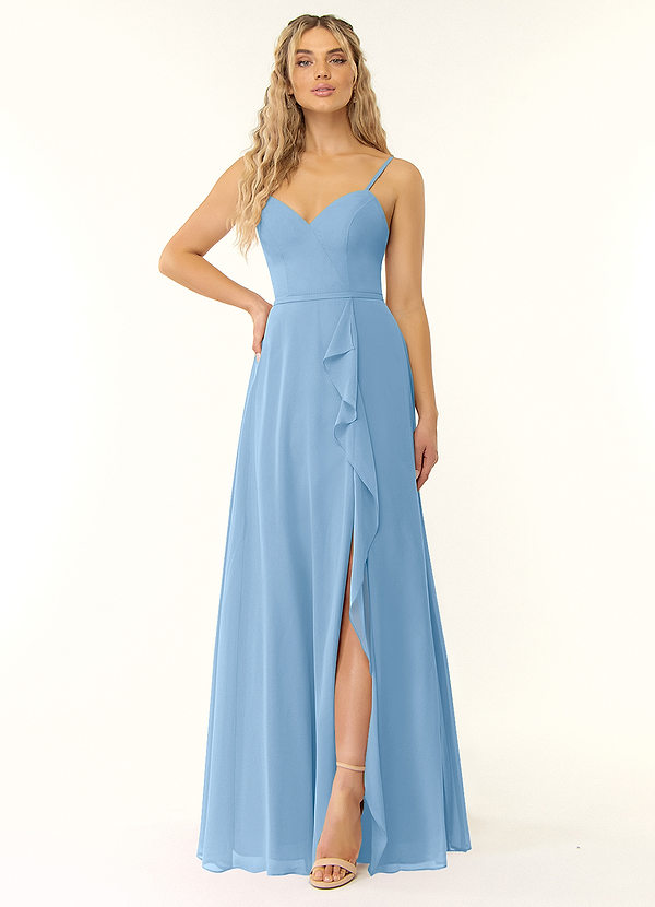 Azazie Naeem Brautjungfernkleider Eine Linie V-Hals Rüsche Chiffon Kleid Puderblau image1