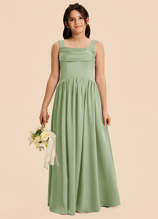 Azazie Drew Junior Vestido de Salvia Polvorienta de Satén Elástico de Corte en A con Plisado image1