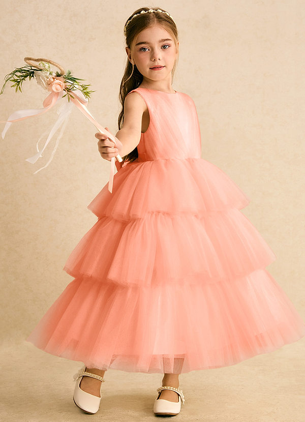 Azazie Marshmallow Bloemenmeisjes Jurken Baljurk Jurk van Tule Boog Zonsondergang image1